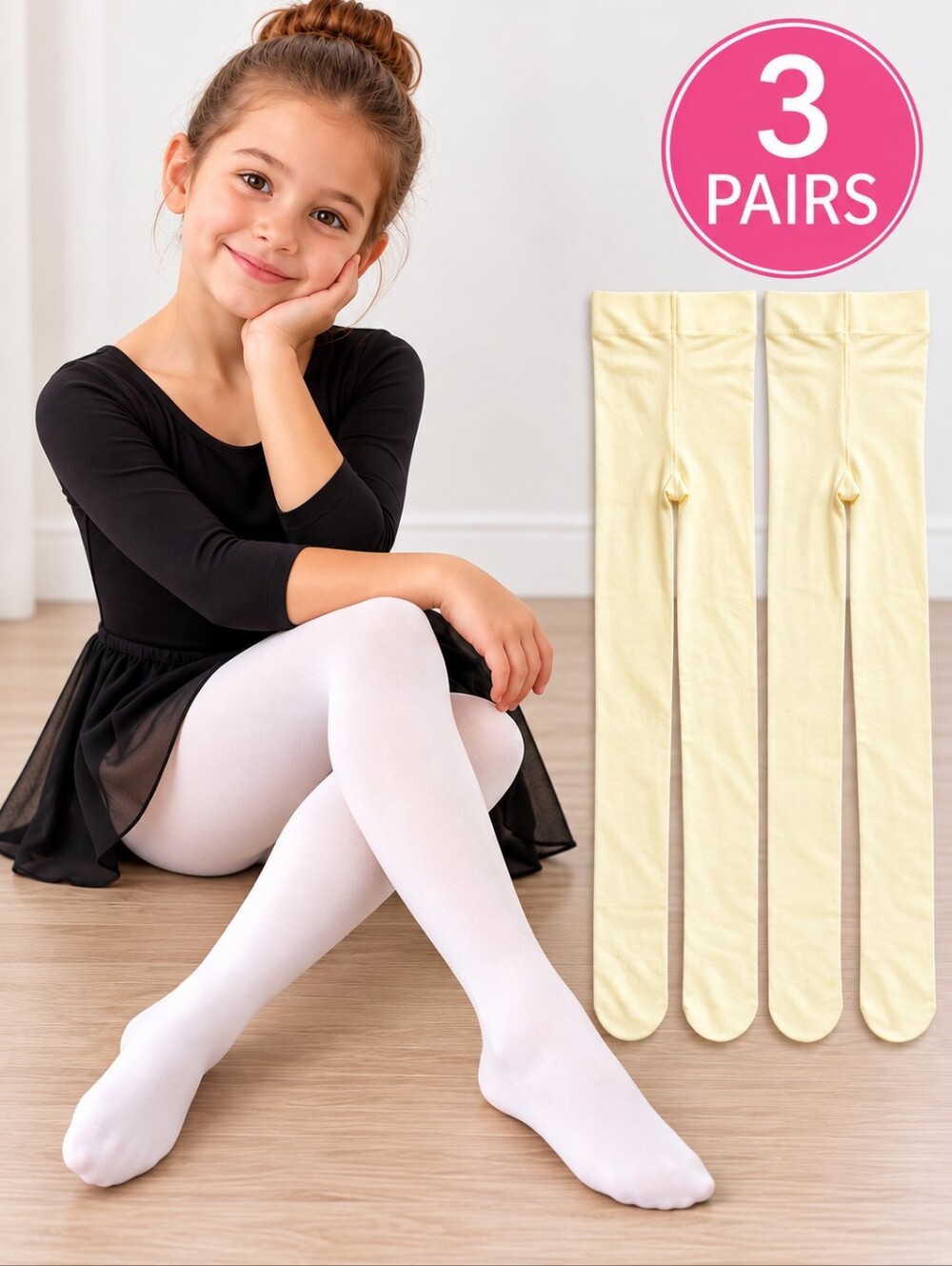 Girls Ballet Dance Tights 3-Pack Footed Accessories Size 12-16 Pale Yellow White